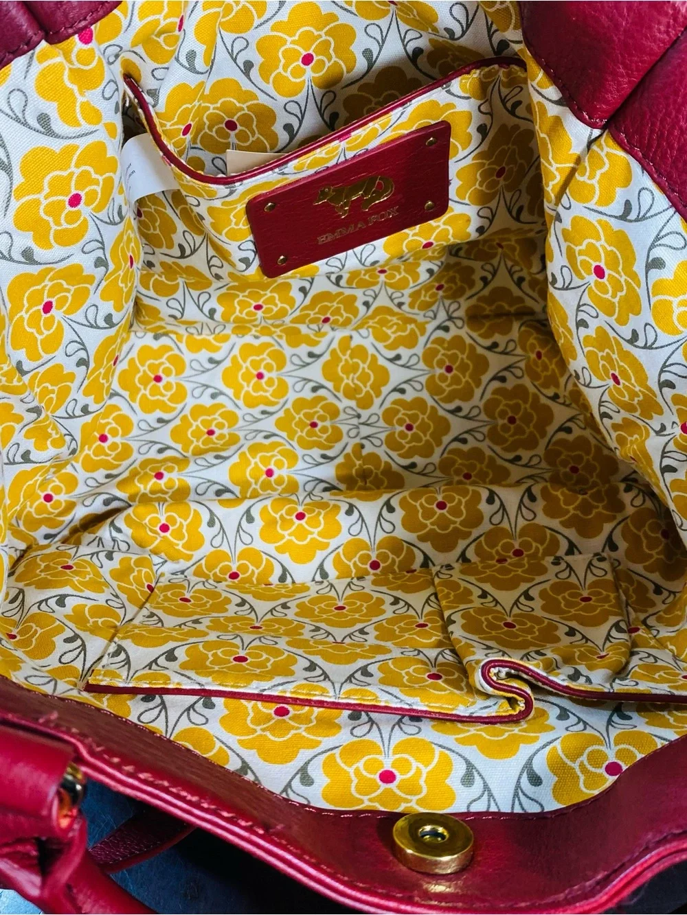 Emma Fox Red Pebbled Leather Handbag Gold Rivet Studs Floral Lining Satchel